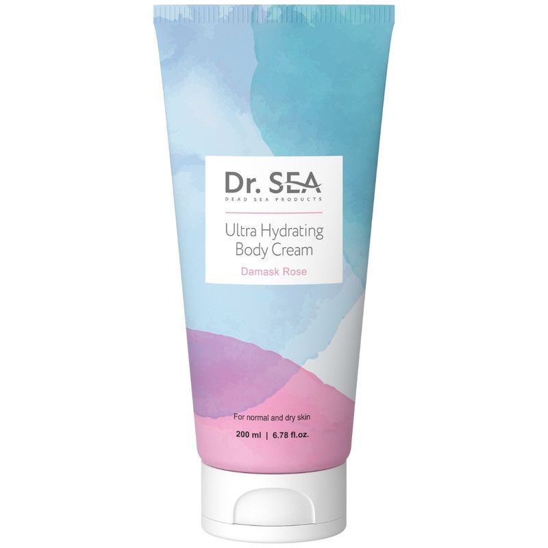 Creme-Tube mit weißem Deckel. Aufschrift: Ultra Hydrating Body Cream, Damask Rose. Marke: Dr. SEA.