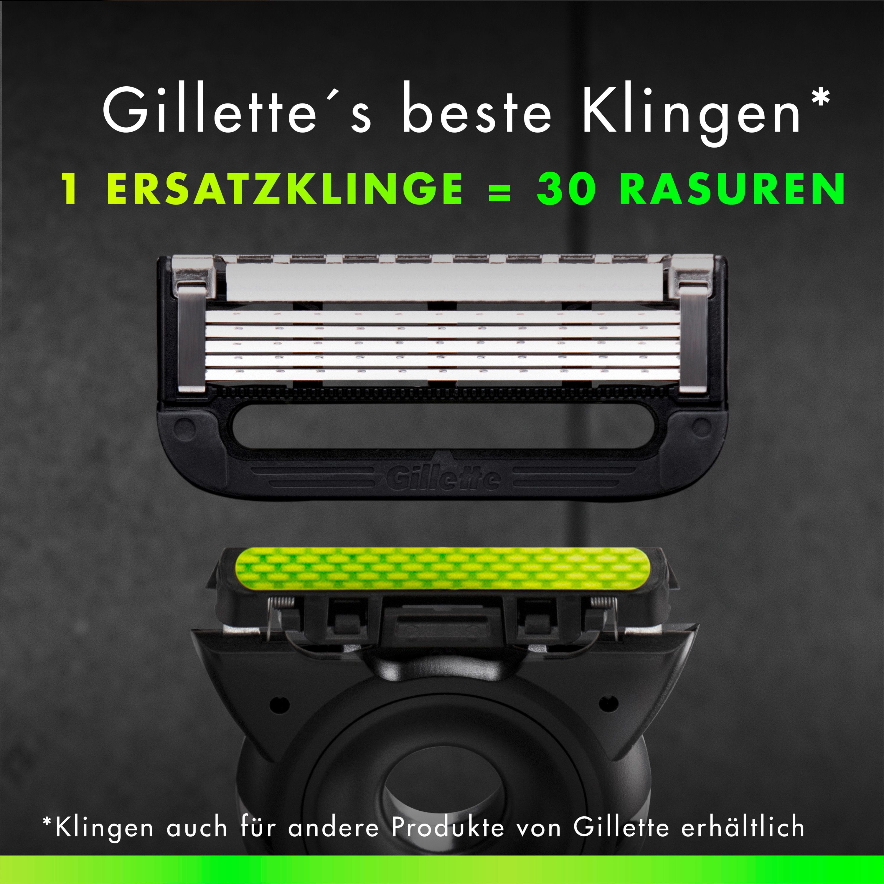 Nahaufnahme von Gillette Labs Klingen. Text: 1 Ersatzklinge = 30 Rasuren. Klingen auch für andere Gillette Produkte erhältlich.