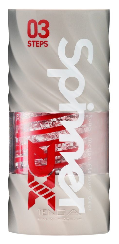 Verpackung des TENGA Spinner Deluxe Masturbators mit roten Spiralen und Text.