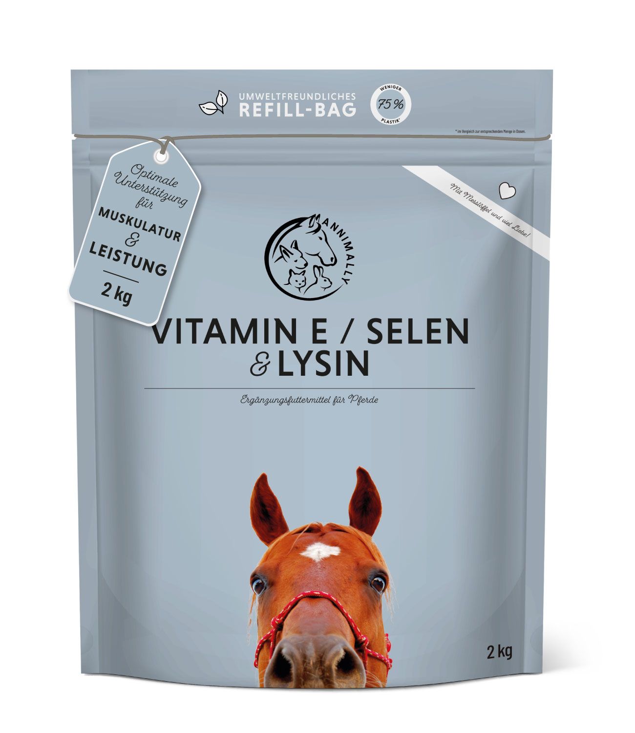 Nachfüllpackung mit "Vitamin E / Selen & Lysin" für Pferde. Hellgraue Verpackung mit Produktlogo und Text. 2 kg.