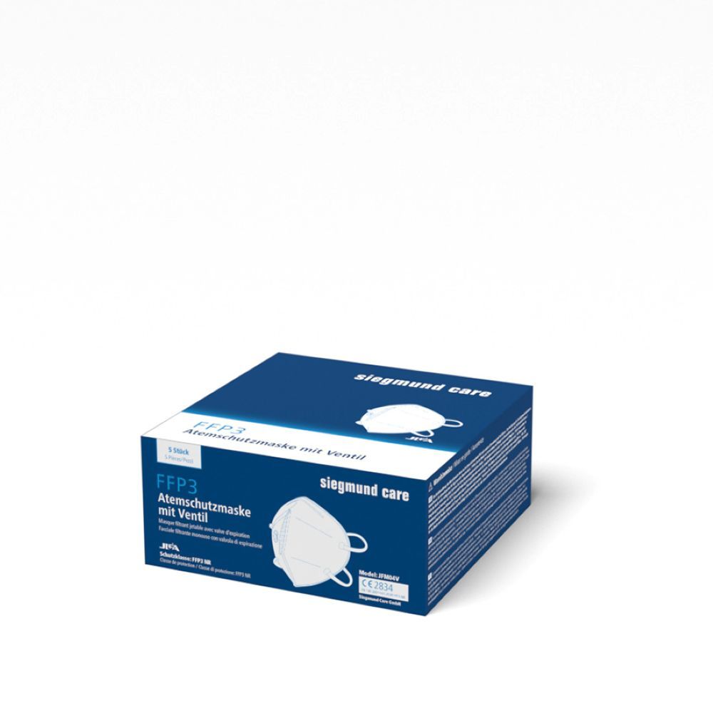 Blauer Karton mit weißen Atemschutzmasken mit Ventil. Marke siegmund care, FFP3. Mehrere Masken.