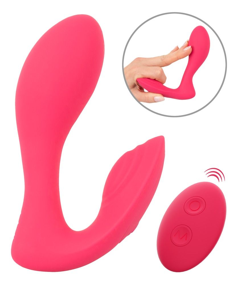 Rosa Vibrator und Fernbedienung. U-förmig mit zwei Enden. Fernbedienung mit Knöpfen.