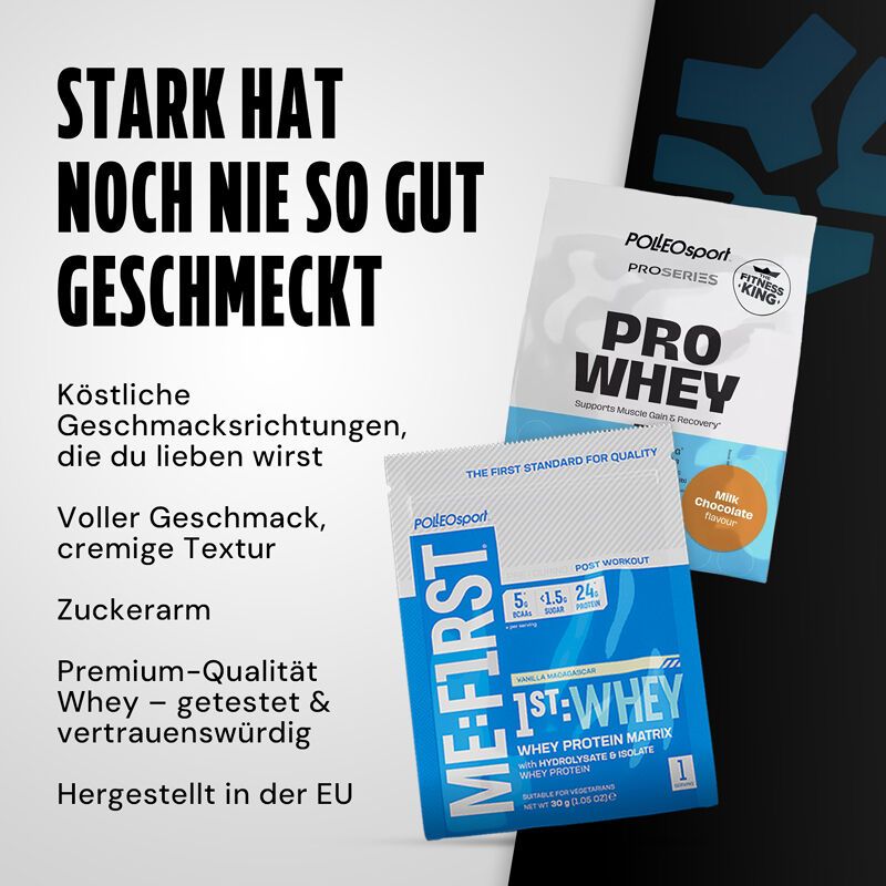 Drei Whey-Protein-Proben auf schwarzem Hintergrund. Text in deutscher Sprache. Blaue und weiße Verpackungen.
