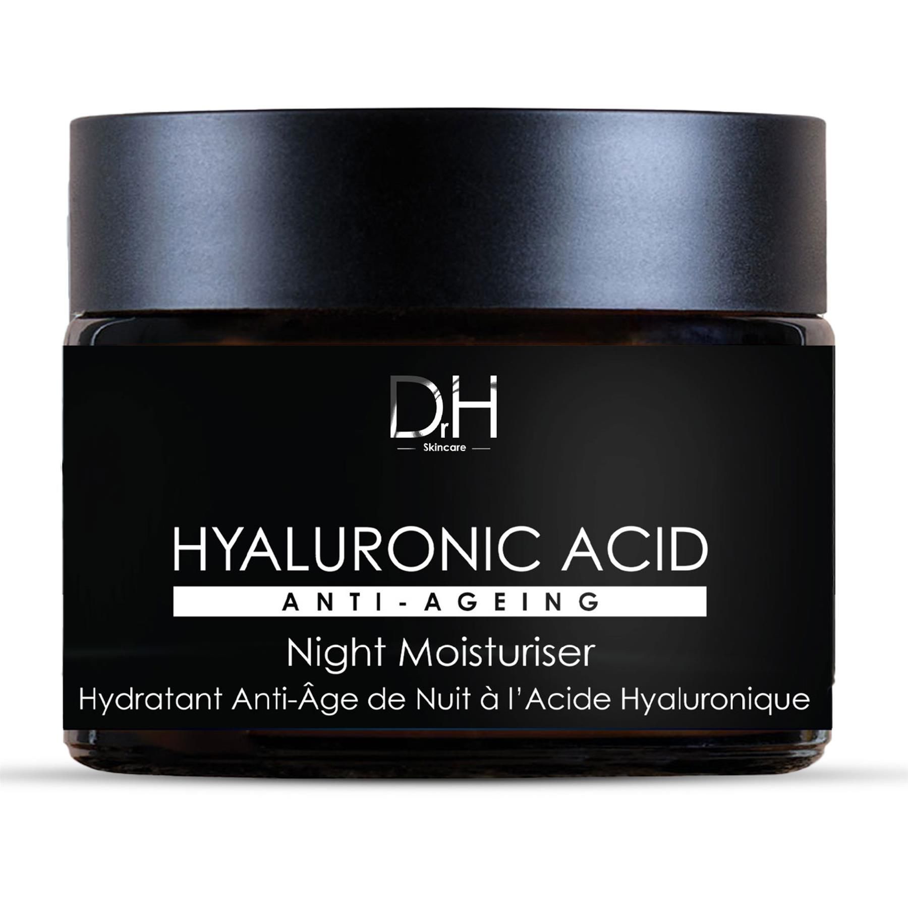 Dr H Hyaluronsäure Anti-Aging Nachtcreme im schwarzen Tiegel.