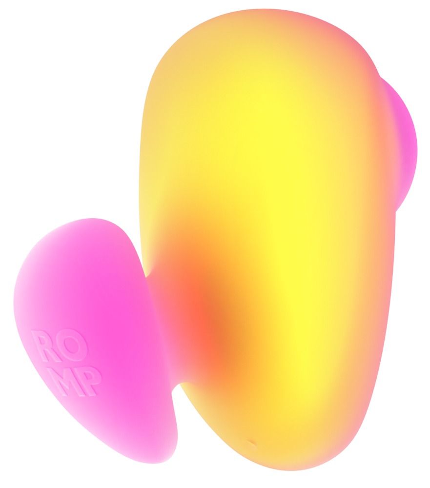 ROMP Kiss Pink Lemonade, rosa-gelb. Abgerundete Form mit herzförmiger Basis. ROMP-Logo auf der Basis.