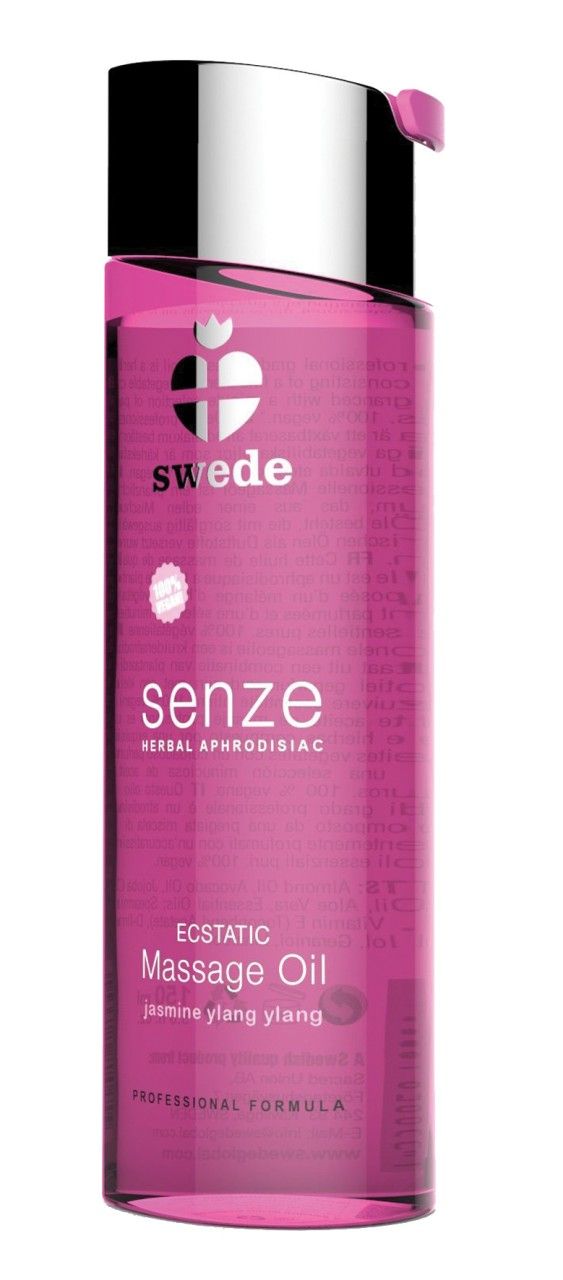 Rosa Massageöl-Flasche mit silbernem Deckel. Beschriftung: Swede, senze, Ecstatic Massage Oil, Kräuter-Aphrodisiakum.