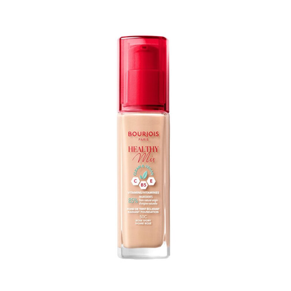 Flüssiges Make-up in Glasflasche mit rotem Pumpverschluss. Aufschrift: Bourjois Healthy Mix. Farbton: 54-Beige.
