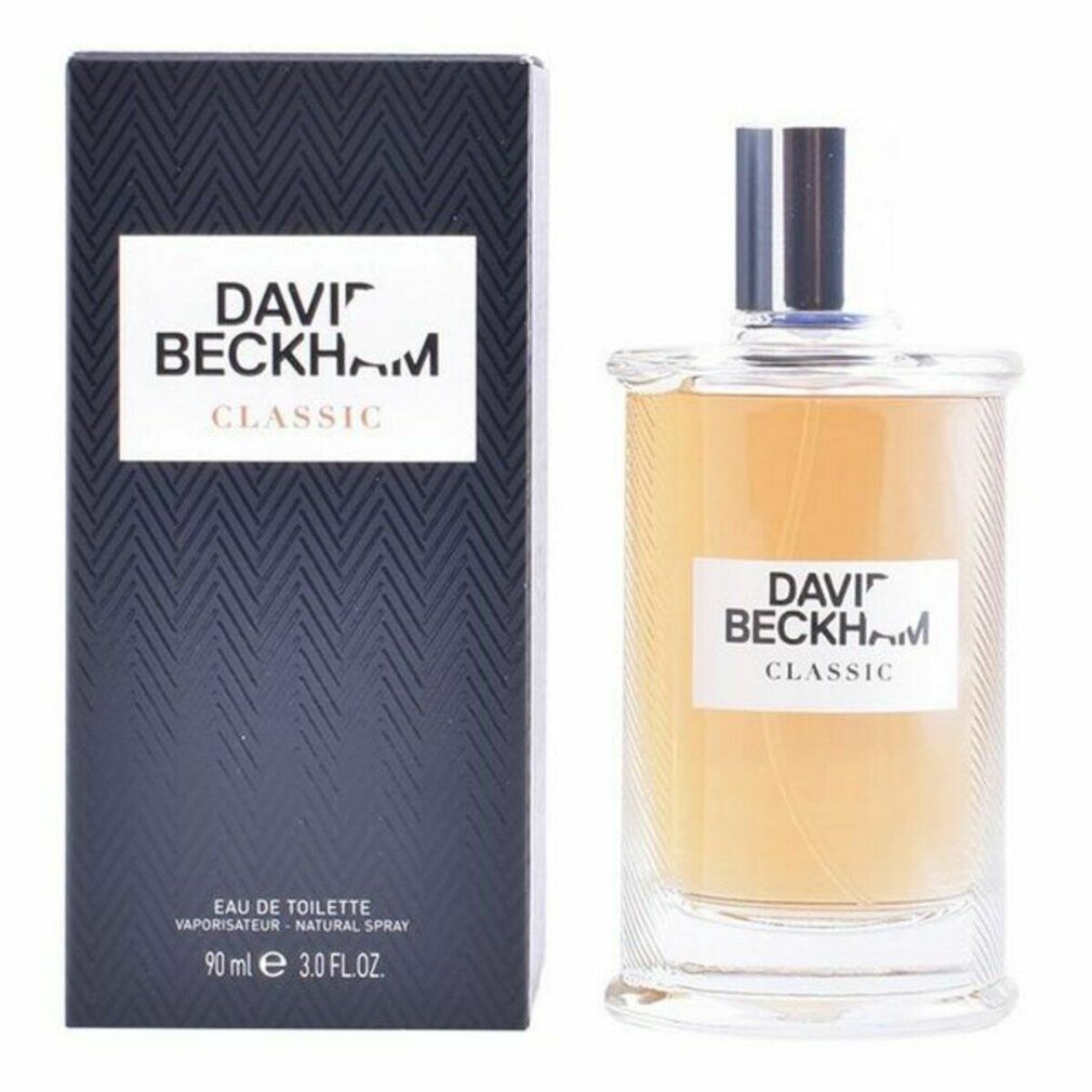 Eau de Toilette Spray und Verpackung. Schwarze Schachtel mit weißem Schriftzug DAVID BECKHAM CLASSIC. Flakon mit silbernem Deckel.
