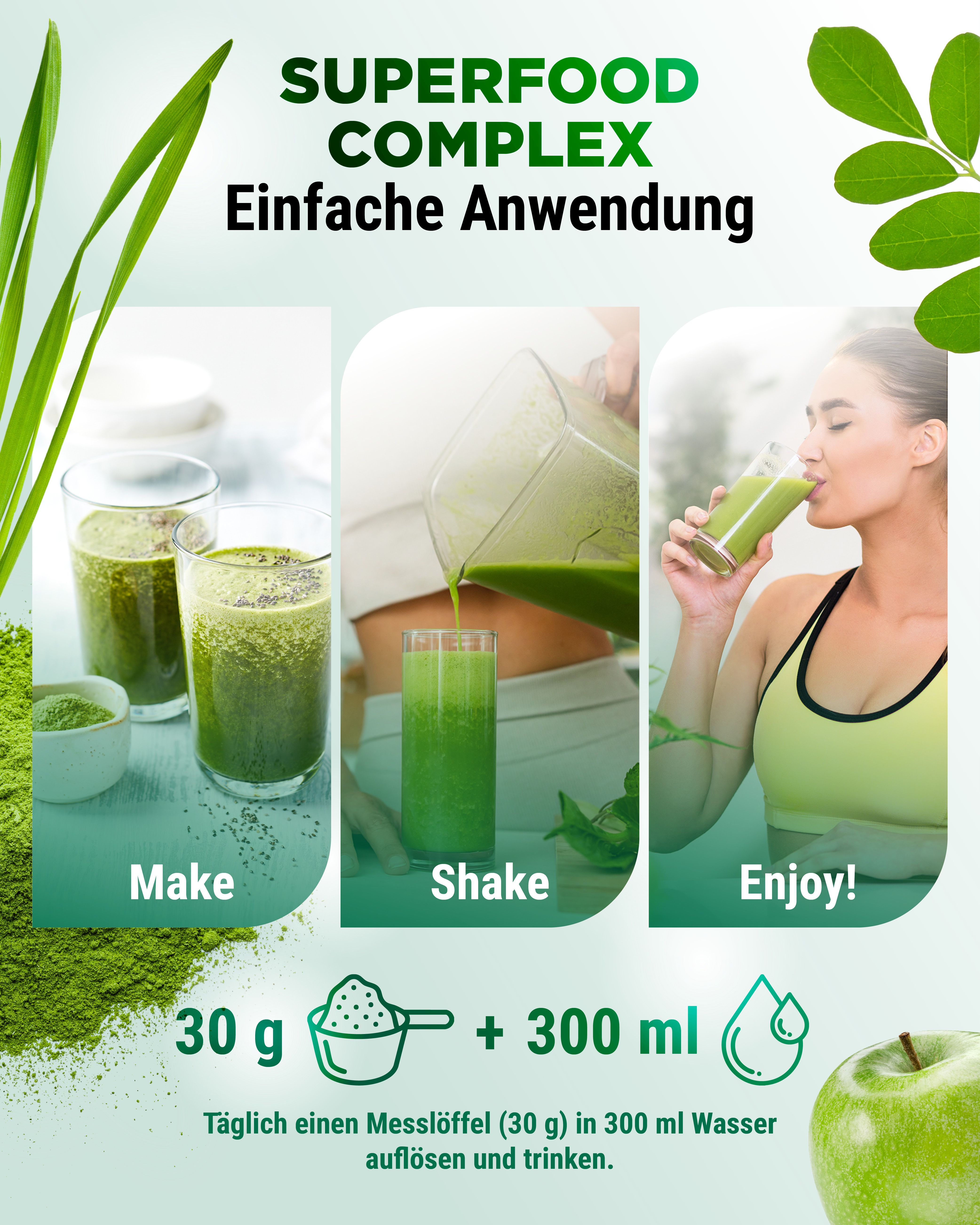 Anwendungsschritte: Mischen, schütteln, genießen. Text: "Superfood Complex Einfache Anwendung". Glas mit Getränk, Apfel, Messlöffel.