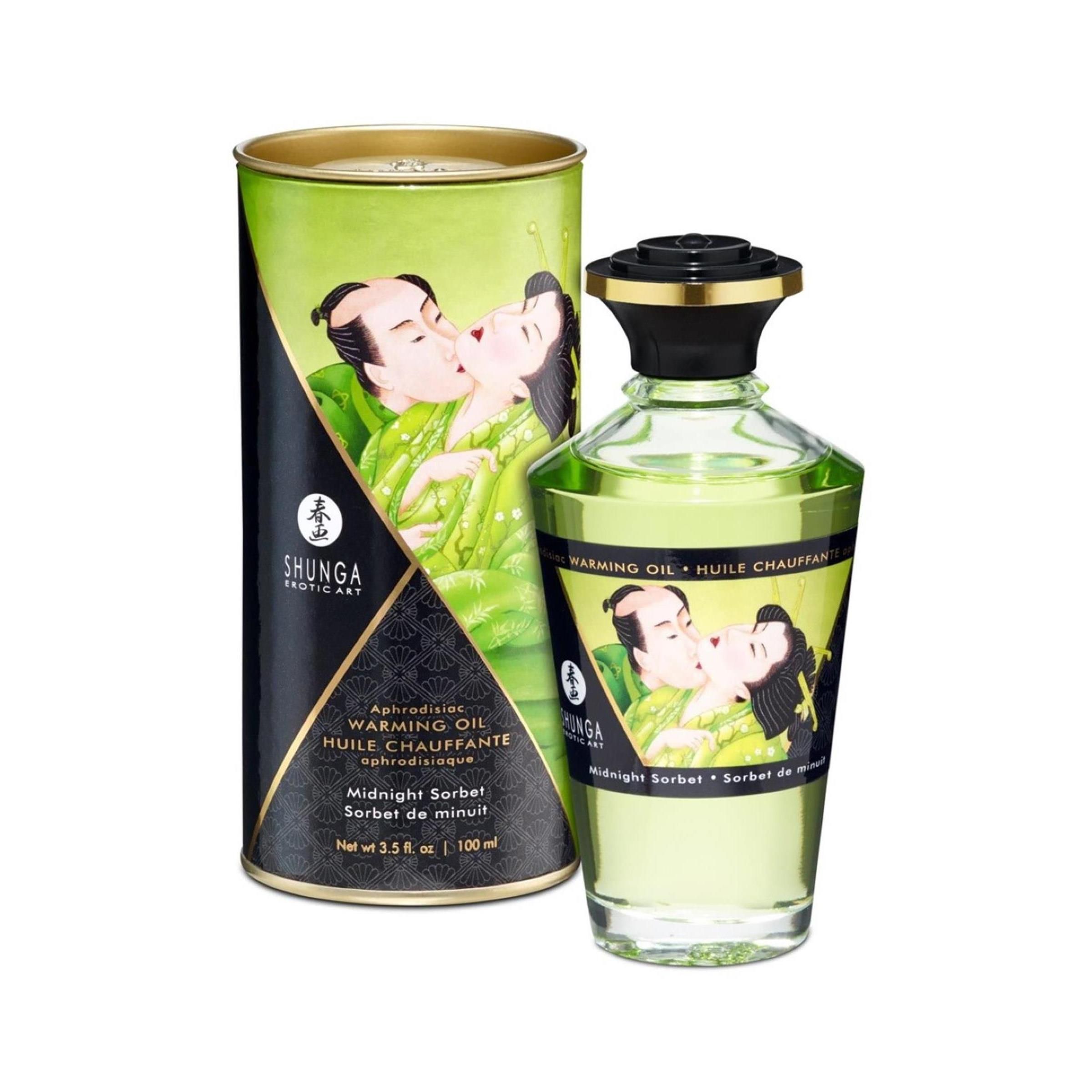 Glasflasche und Dose mit Etikett. Abbildung eines küssenden Paares. Aufschrift: Shunga, Warming Oil, Midnight Sorbet.