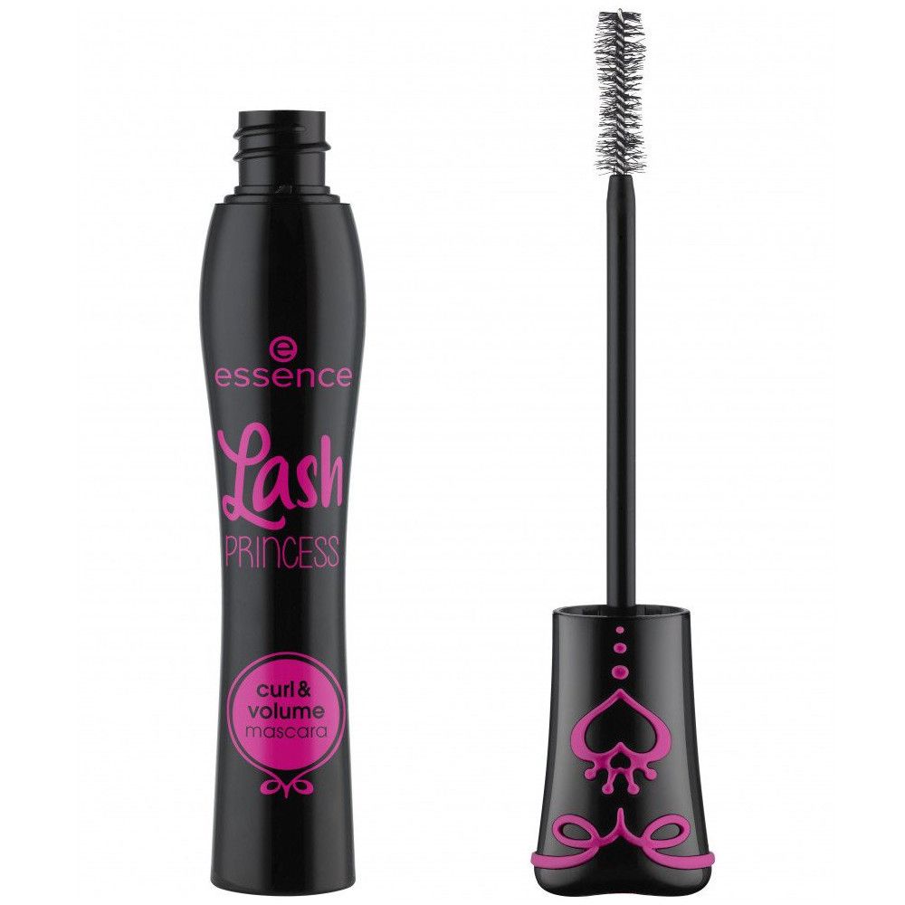 Schwarze Mascarabürste mit rosa Akzenten. Bürste herausgezogen. Aufschrift: Essence, Lash Princess, Curl & Volume Mascara.