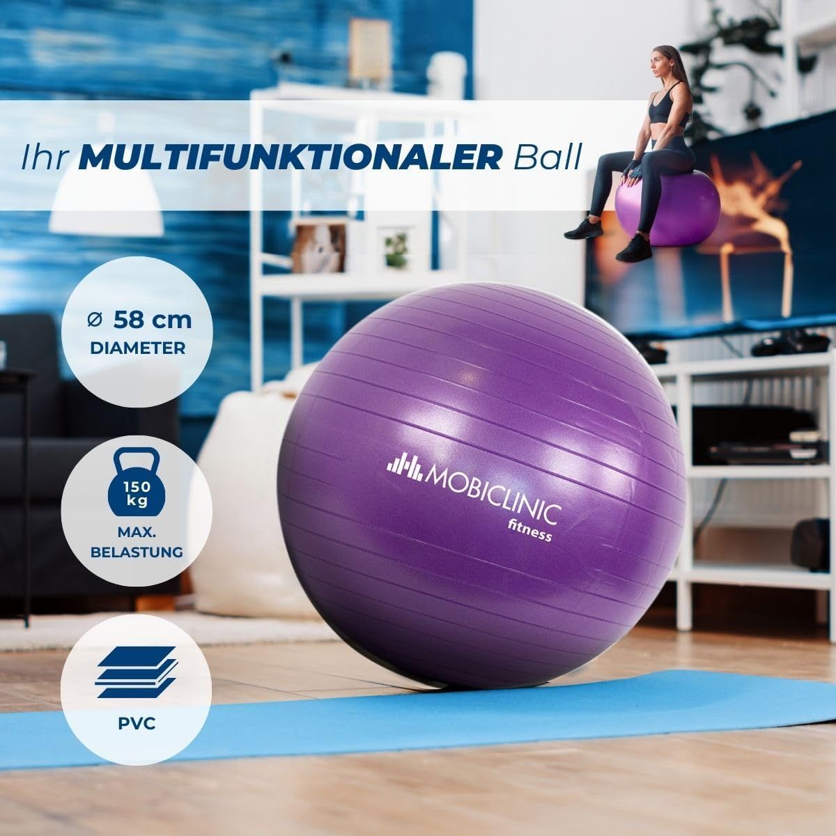 Lila Gymnastikball mit 58 cm Durchmesser, belastbar bis 150 kg, aus PVC.