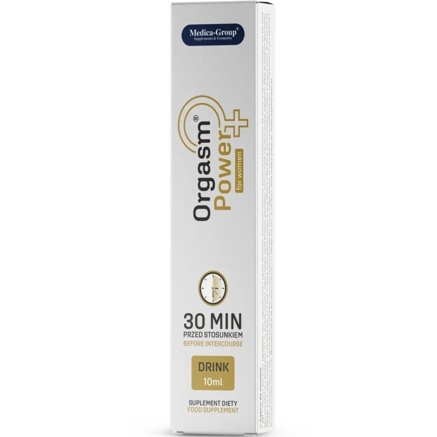 Orgasmus Power Drink für Frauen, 10ml Beutel und 30ml Box. "30 MIN" und "BEFORE INTERCOURSE" sind aufgedruckt.