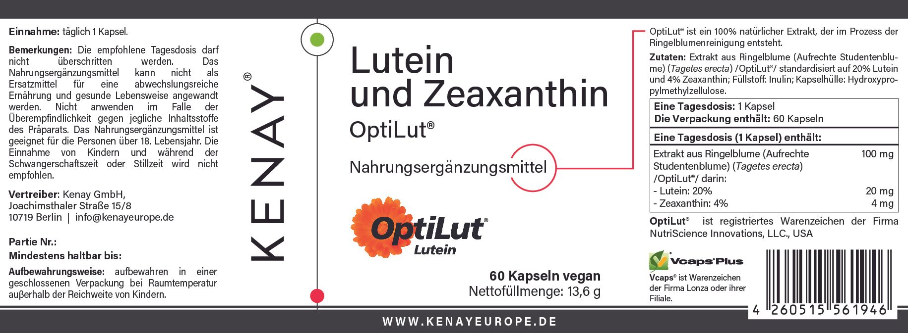 Etikett mit Text: "Lutein und Zeaxanthin OptiLut", "KENAY", Inhaltsangaben, 60 Kapseln, vegan. Informationen zur Anwendung.