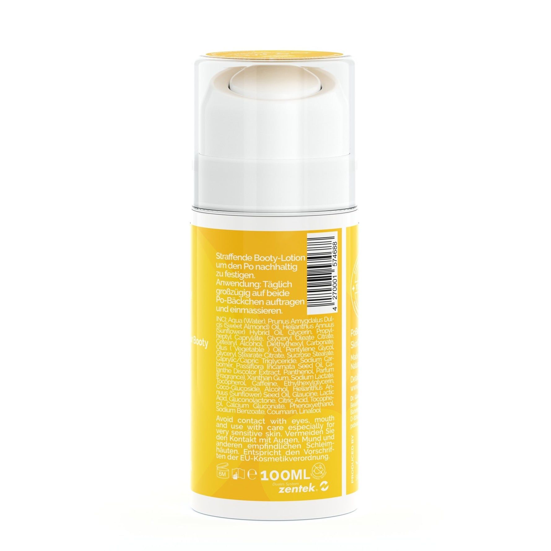 Gelbe Flasche mit weißem Deckel. Aufschrift: Toning Booty-Lotion. Text in Deutsch. Unten: 100ml. Logo: Zentek.