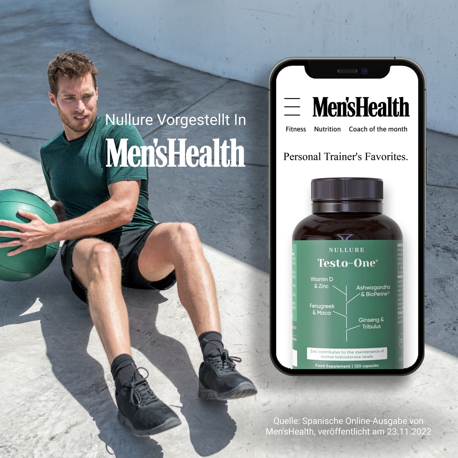 Mann trainiert mit Ball, Smartphone zeigt NULURE Testo-One in Men's Health. Text: Personal Trainer's Favorites.