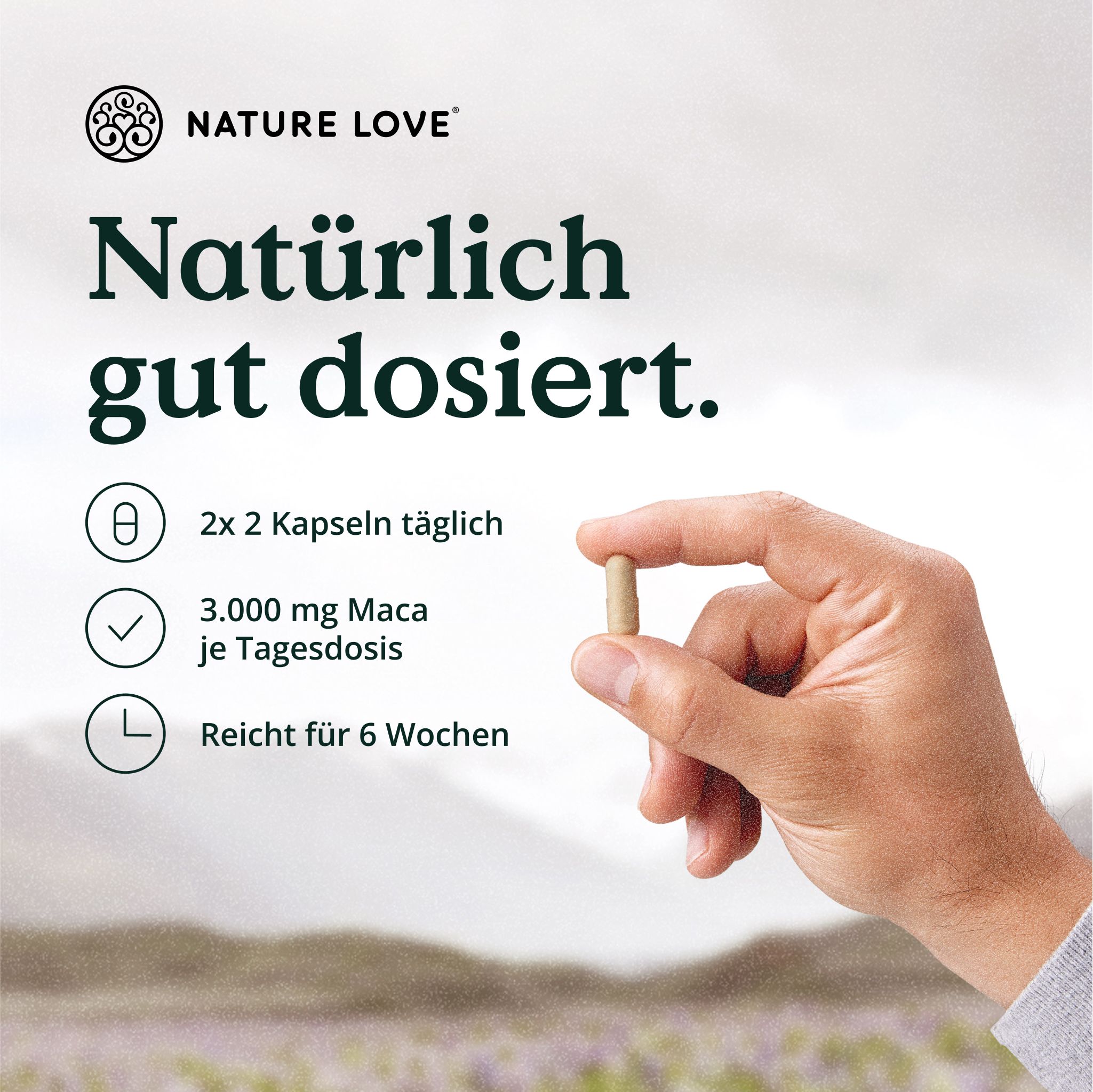 Hand hält eine Kapsel. Text: 2x2 Kapseln täglich, 3.000 mg Maca, reicht für 6 Wochen. Logo: NATURE LOVE®.