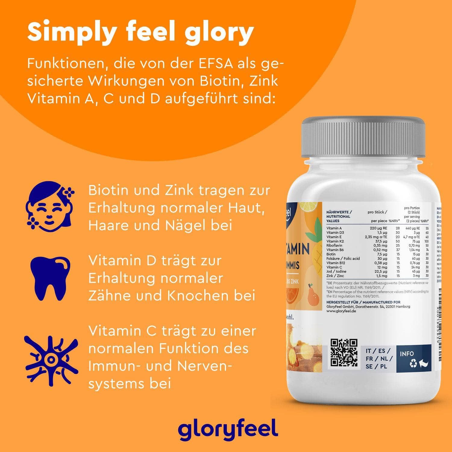 Flasche gloryfeel® Multivitamin Fruchtgummis. Text: Biotin, Zink für Haut, Haare, Nägel. Vitamin D für Zähne. Vitamin C für Immunsystem.