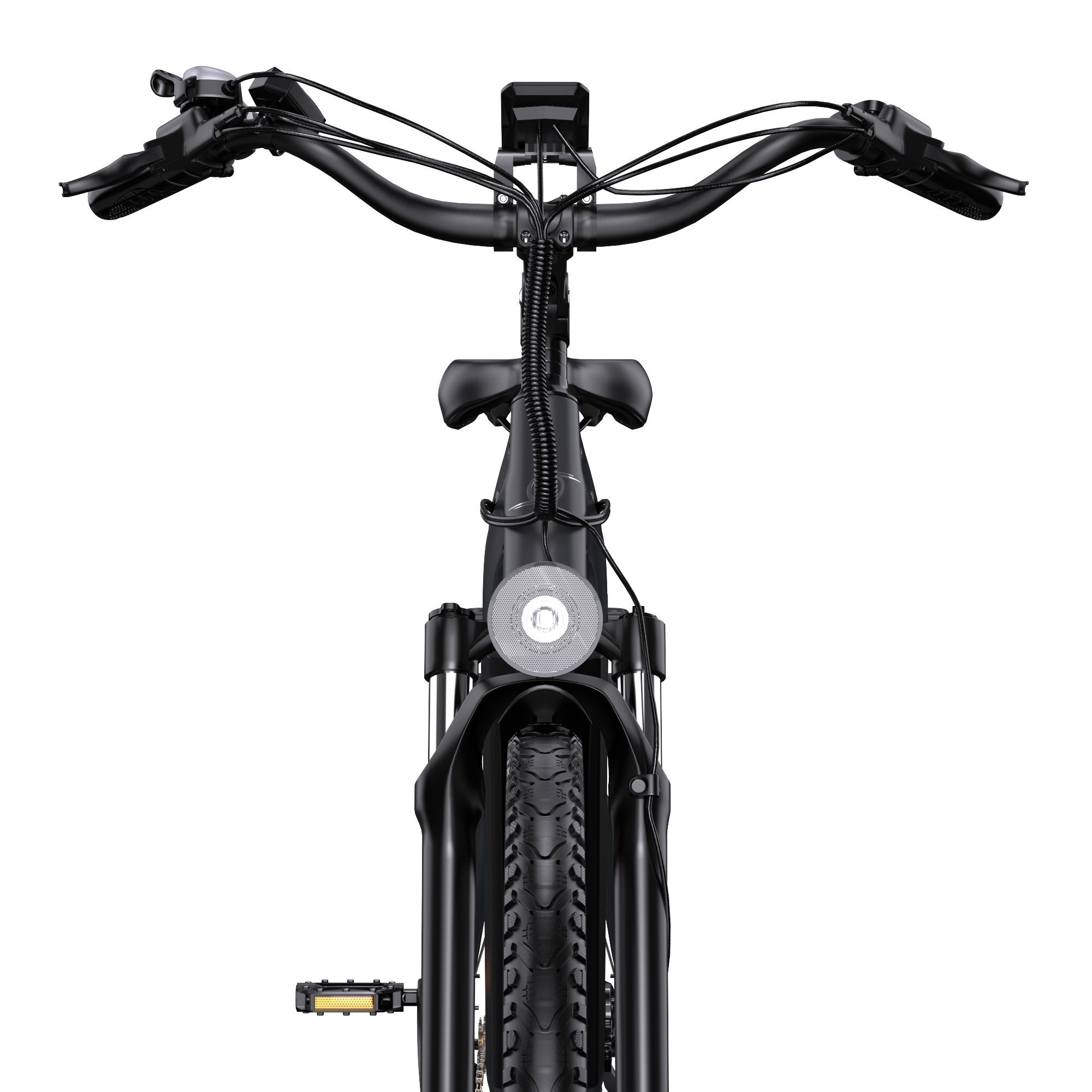 Nahaufnahme des Lenkers eines Onesport OT05Pro E-Bikes. Sichtbar: Scheinwerfer, Lenker, Display, Bremshebel.