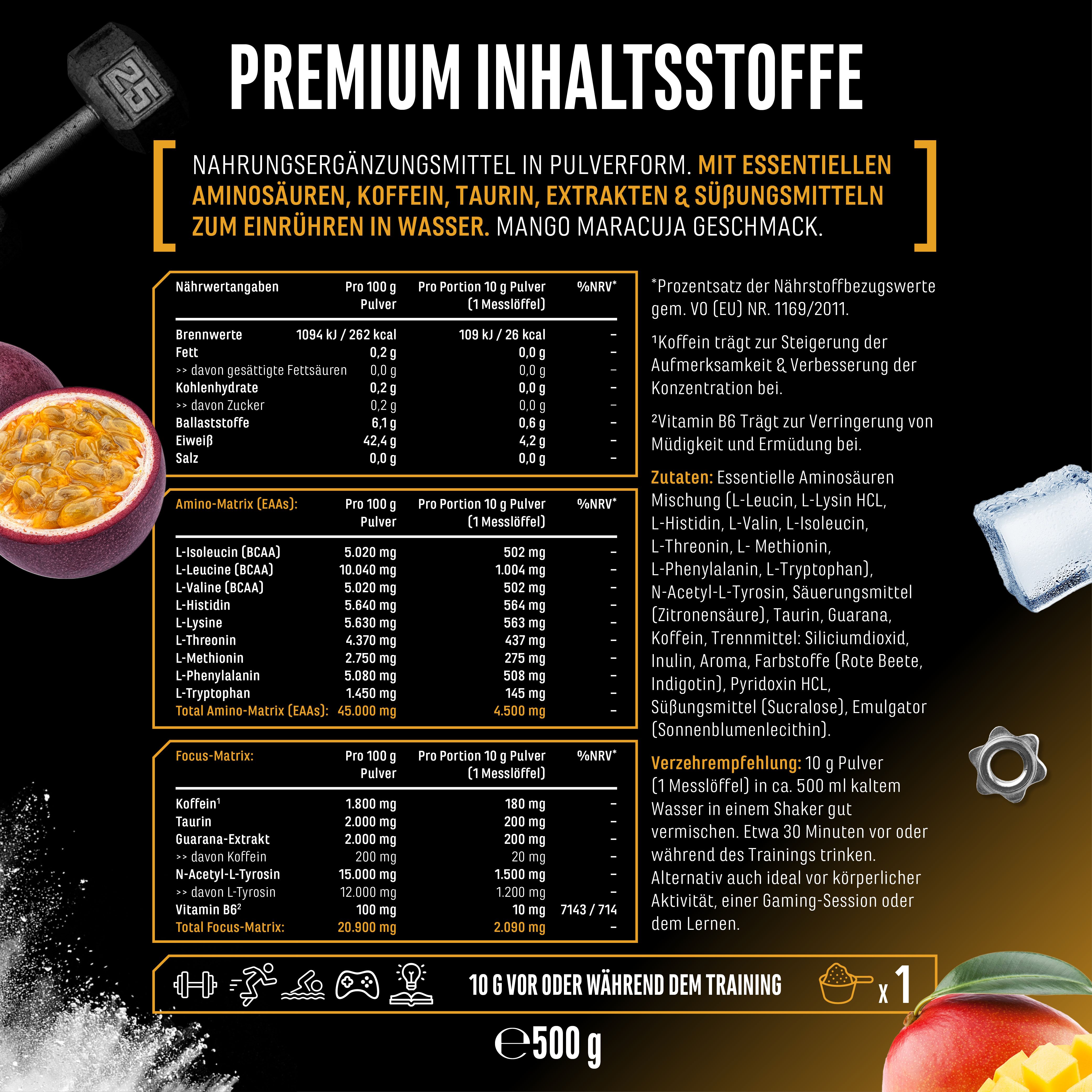 Nährwerttabelle von Energy EAA. Enthält Informationen über Inhaltsstoffe wie Aminosäuren, Koffein, Taurin, etc. Mango-Maracuja-Geschmack.