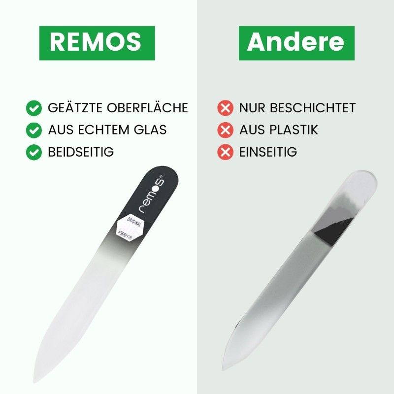 Glasnagelfeile, beidseitig, mit schwarzem Griff, Marke remos. Vergleich mit einer anderen Feile aus Kunststoff.
