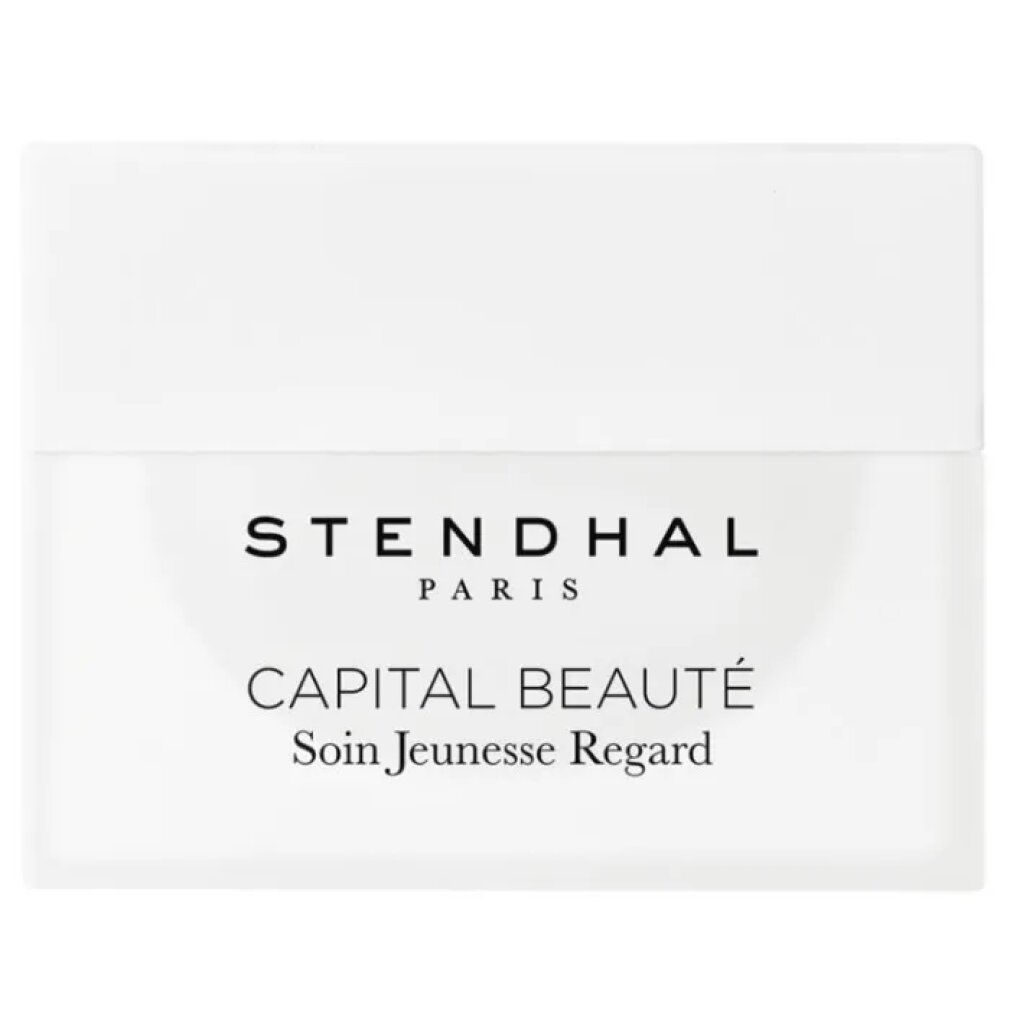 Weißer Tiegel mit Deckel. Aufschrift: STENDHAL PARIS, CAPITAL BEAUTÉ Soin Jeunesse Regard.