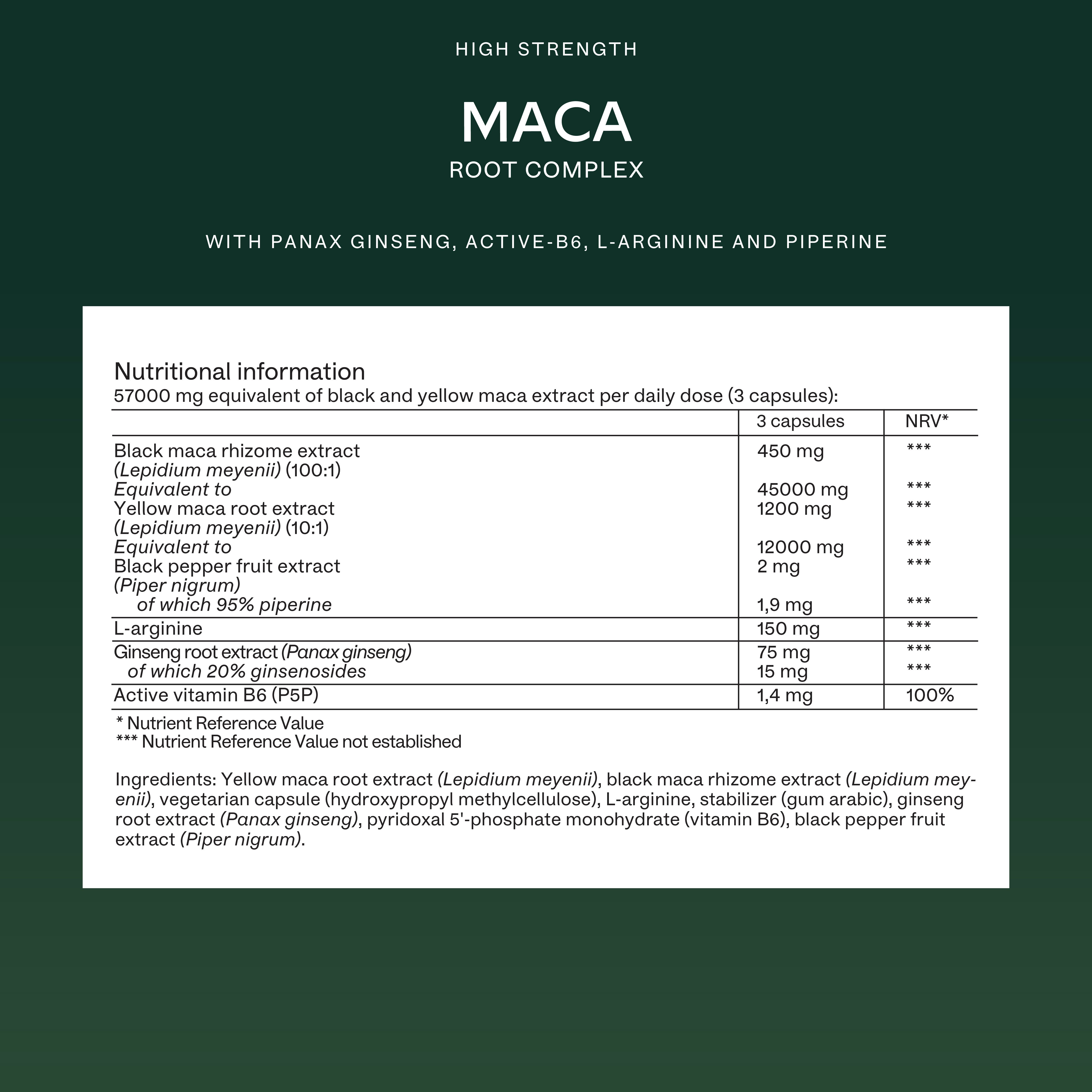 Grüner Hintergrund mit Text: MACA ROOT COMPLEX, Nährwertangaben. Enthält Maca-Extrakt, Ginseng, L-Arginin.