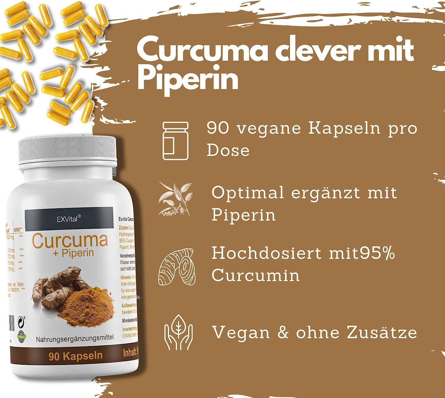 Weisse Flasche mit Curcuma + Piperin Kapseln. Text: 90 vegane Kapseln pro Dosis. Optimal ergänzt mit Piperin. Hochdosiert mit 95% Curcumin.