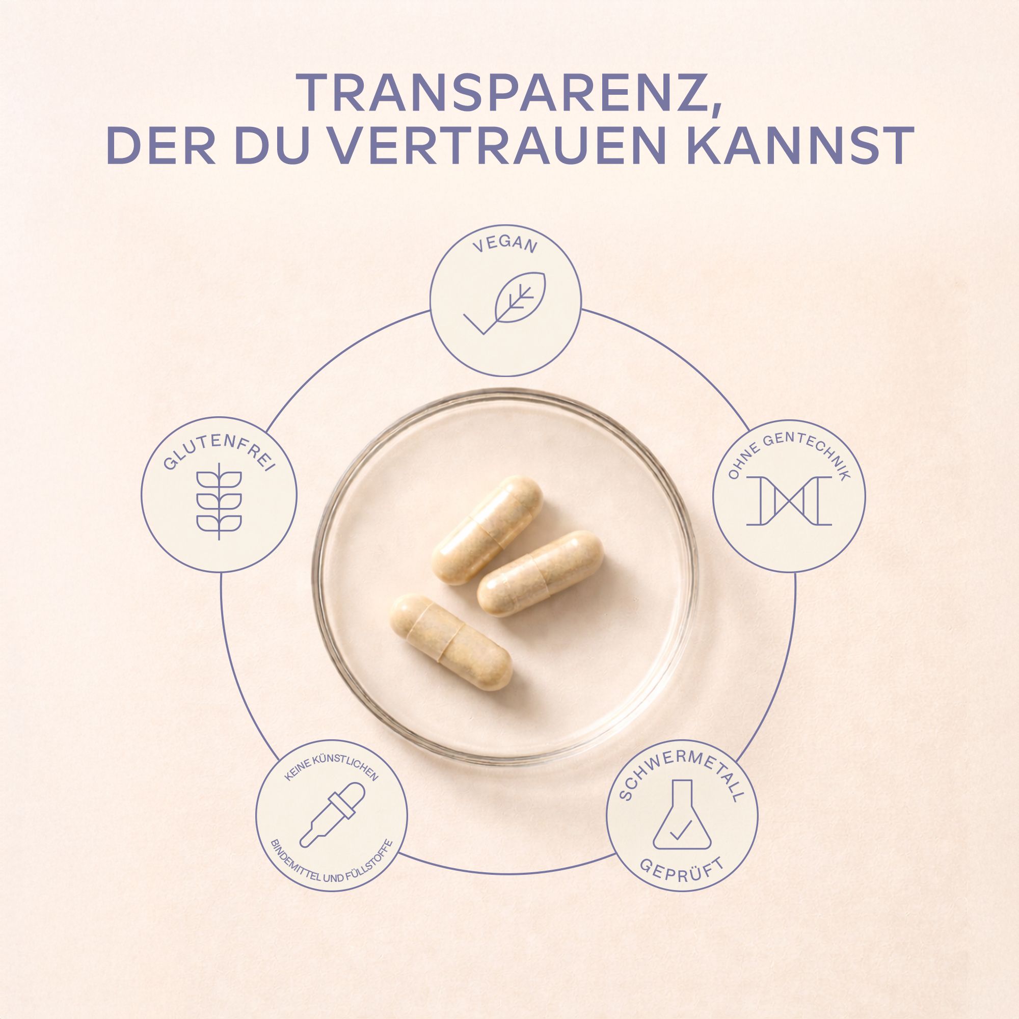 Drei Kapseln auf einer Glasplatte. Symbole für Vegan, glutenfrei, ohne Gentechnik, etc.