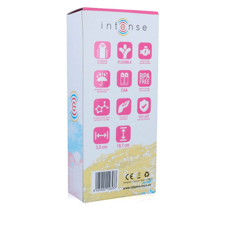 Rückseite der Produktverpackung. Weiße Box mit Symbolen und Text. Enthält Informationen über das Produkt, einschließlich Abmessungen.