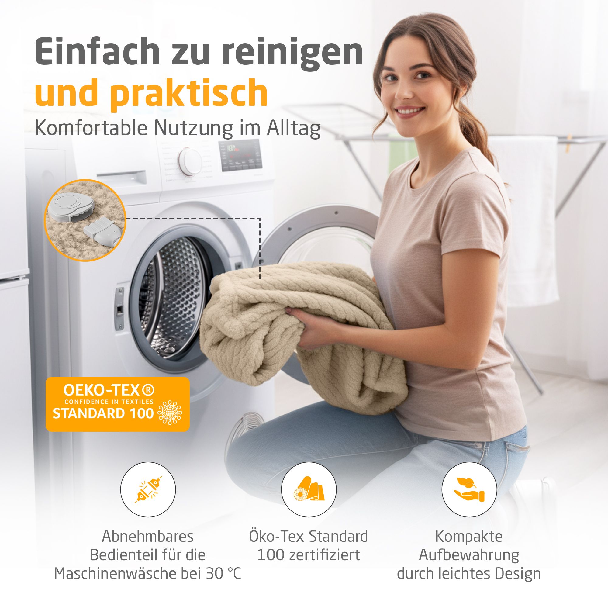 Frau legt Heizdecke in Waschmaschine. Beige Decke, weißes Innenfutter. Oeko-Tex Standard 100. Abnehmbares Bedienteil.