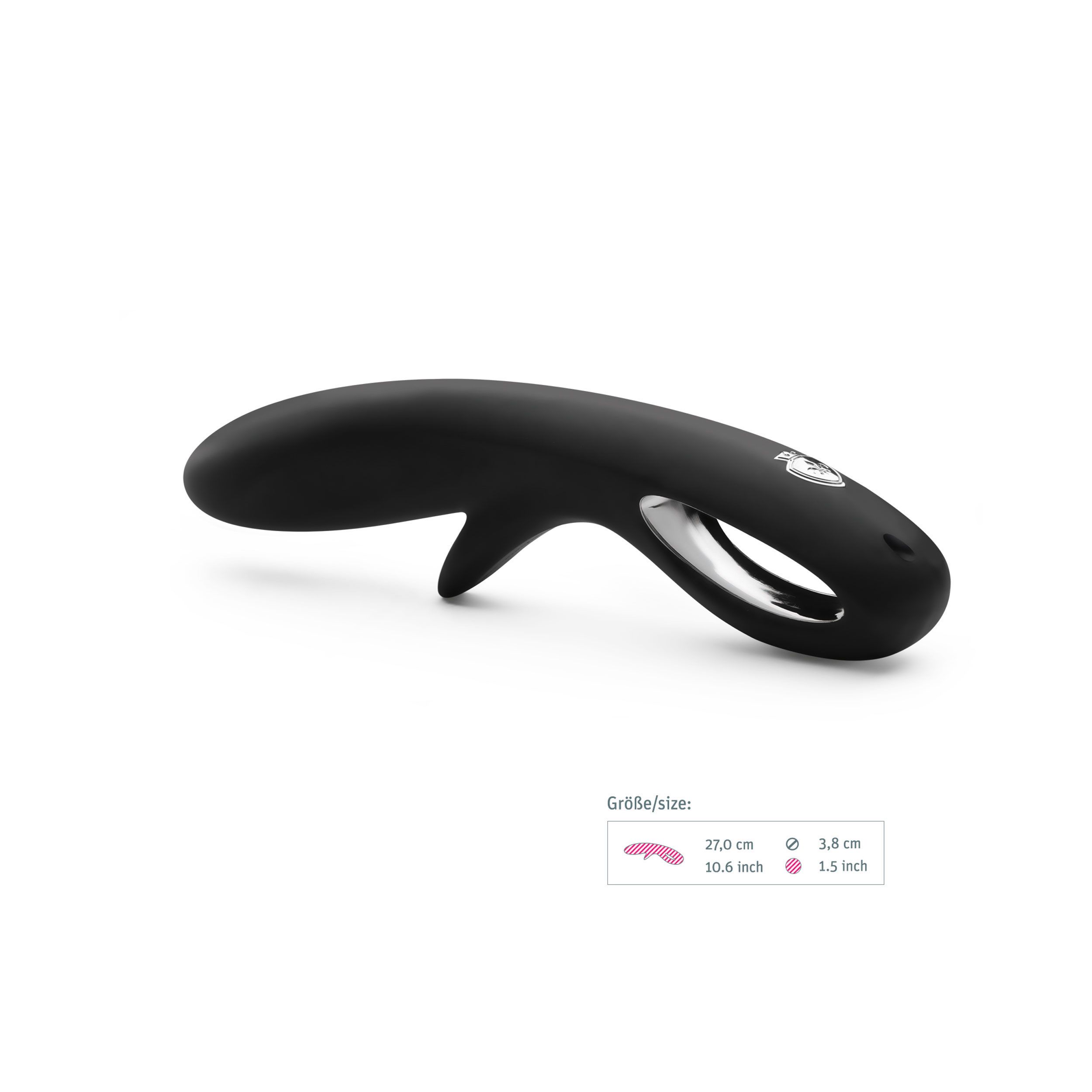 Schwarzes Wellness-Produkt mit Ring und Ausbuchtung. Abmessungen in cm und inch daneben.