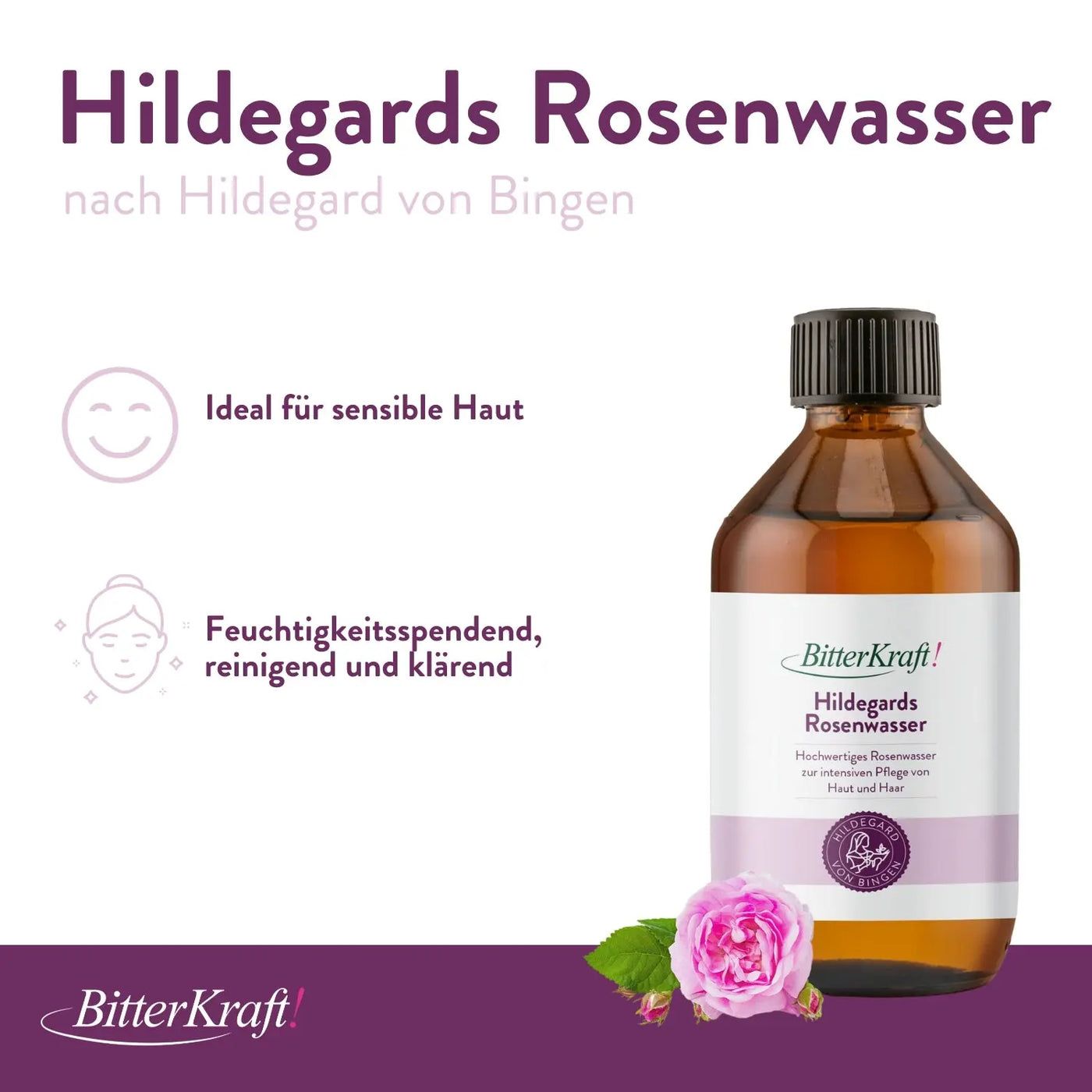 Braune Glasflasche mit schwarzem Deckel. Etikett mit Produktname und Logo. Rose und Blätter am unteren Rand. Text: Ideal für sensible Haut.