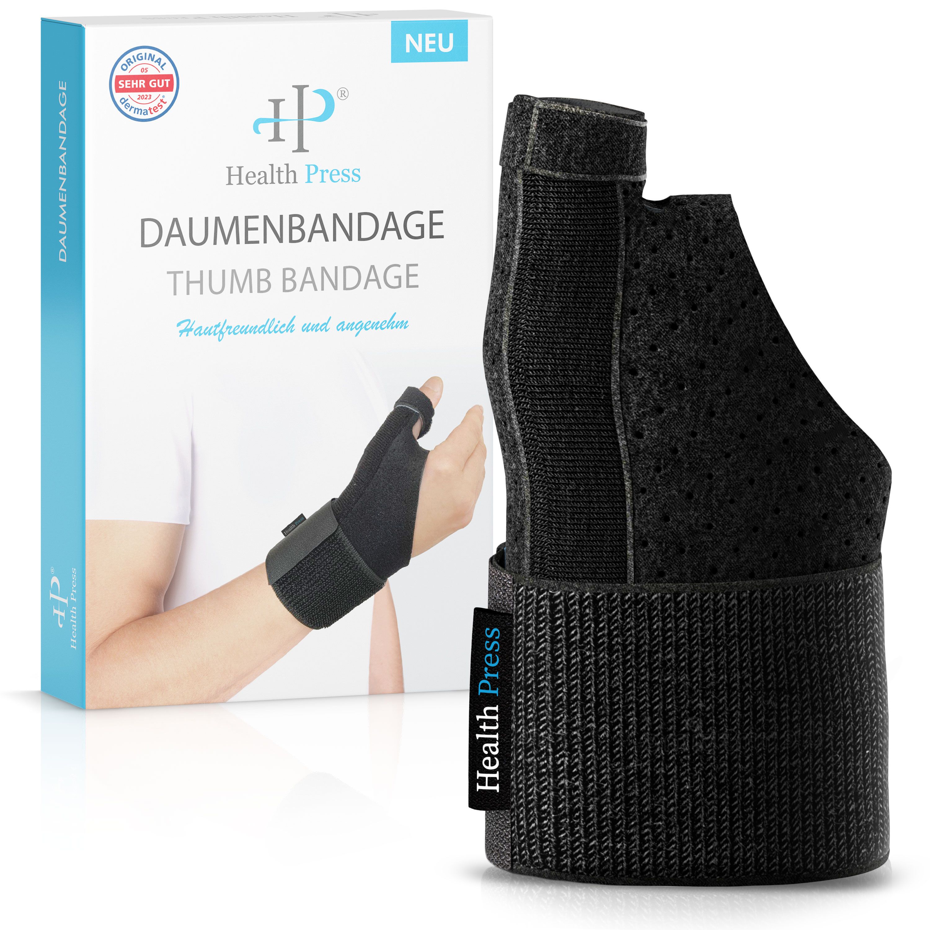 Schwarze Daumenbandage mit Klettverschluss und Verpackung. Auf der Verpackung steht "Health Press Daumenbandage".