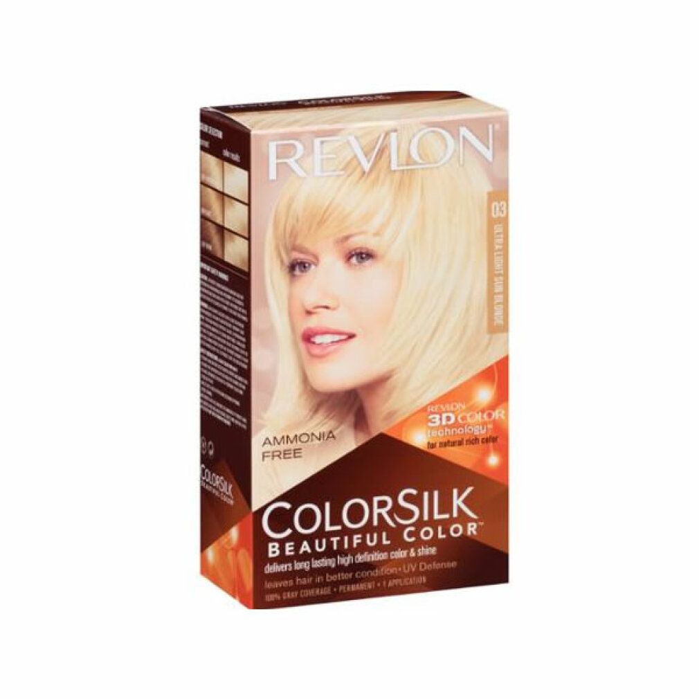 Haarfarbe-Box mit Frauengesicht. Marke Revlon, Colorsilk. Ultra Light Sun Blonde 03. Ammoniakfrei. 3D Color Technologie.