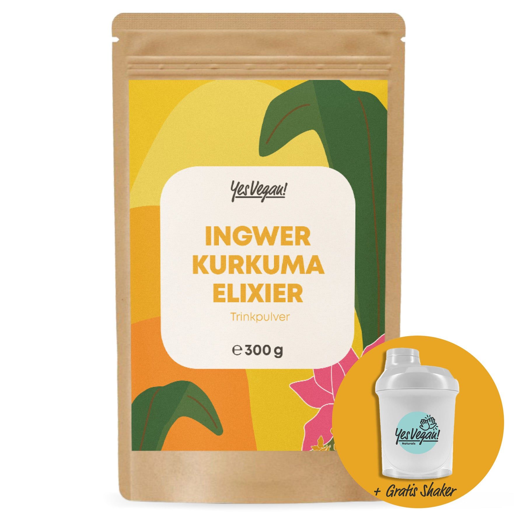 Beutel Ingwer Kurkuma Elixier, 300g. Mit Shaker. Text: Gratis Shaker.