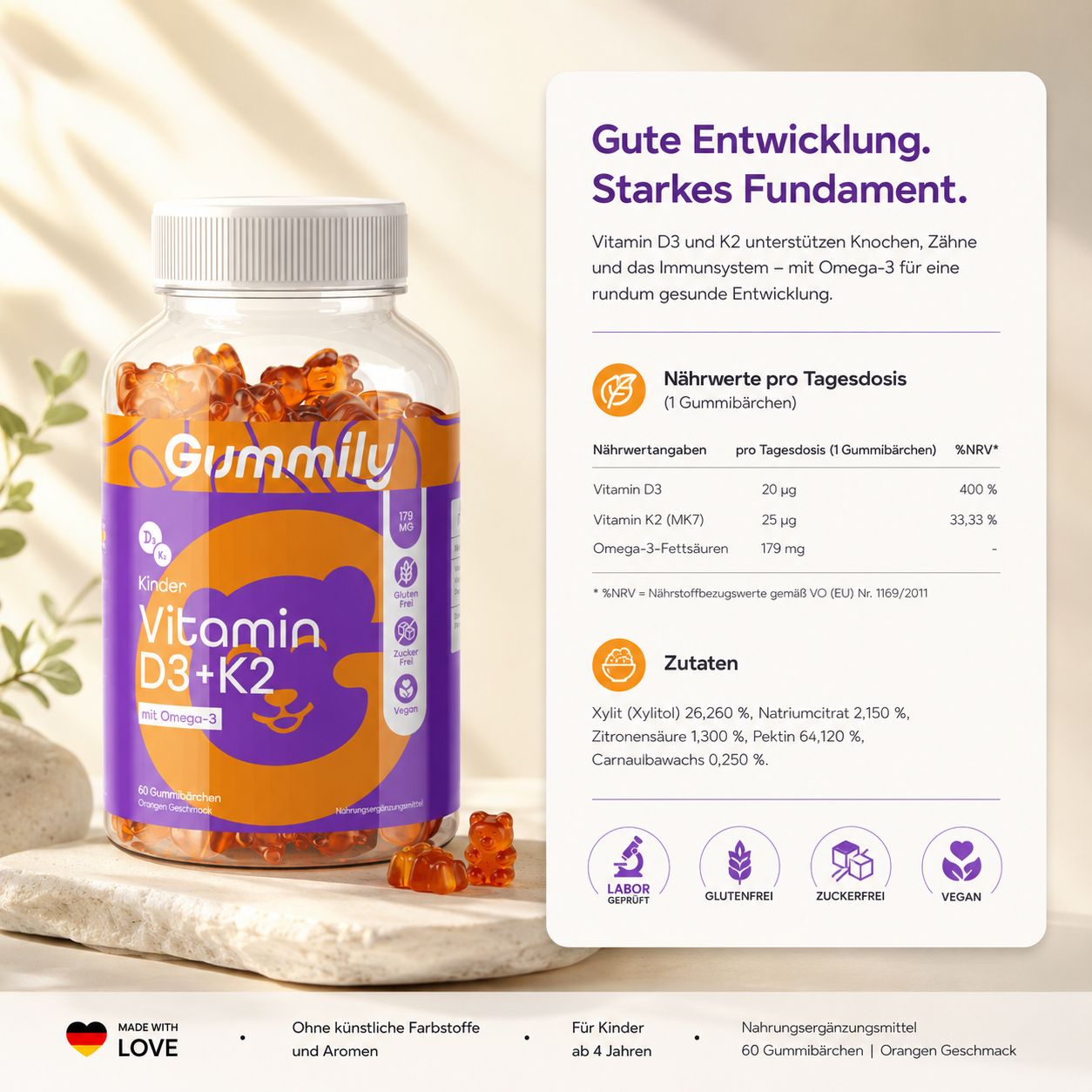 Gummily Kinder Vitamin D3+K2 Flasche mit Nährwertangaben und Siegeln.