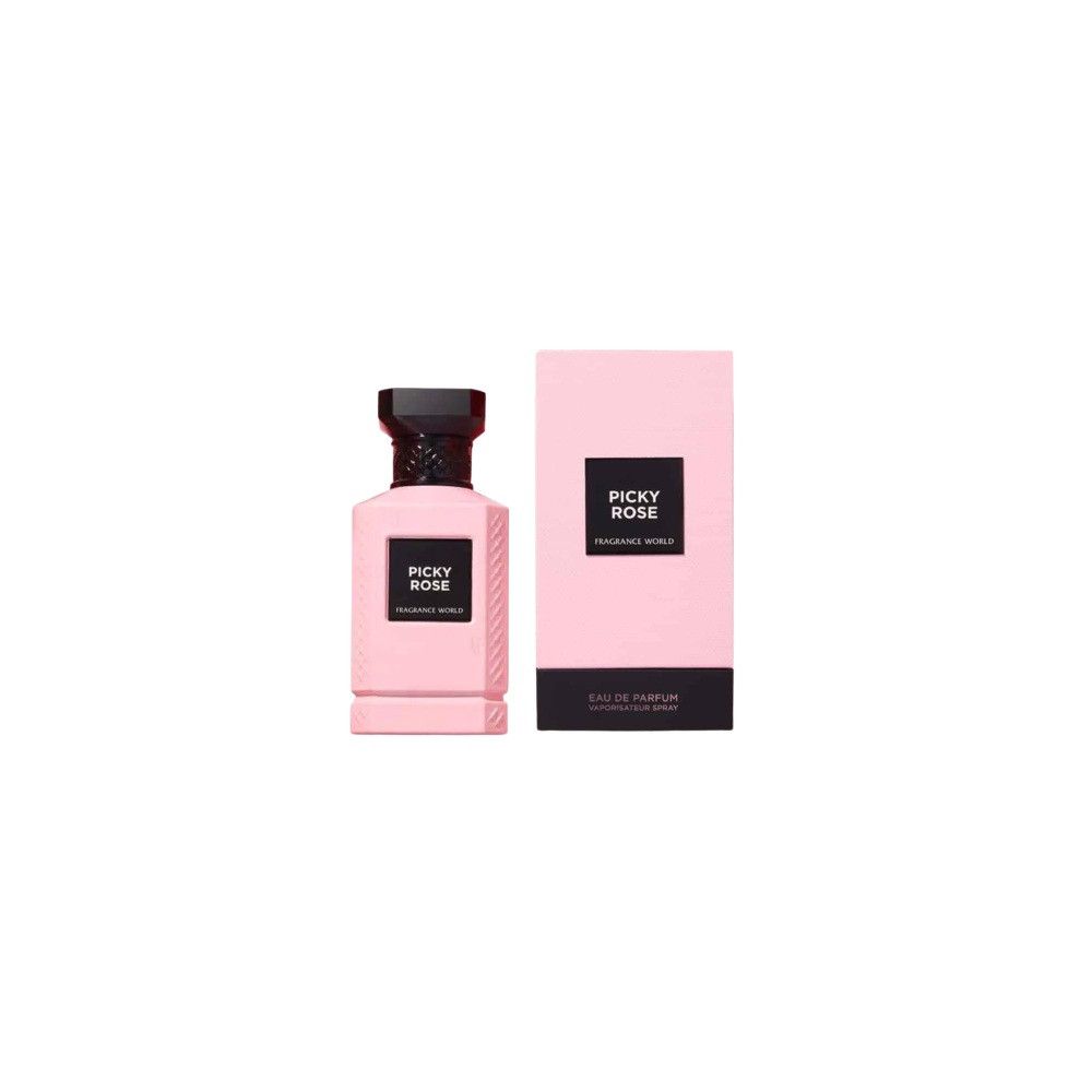 Rosa Flakon und Verpackung. Schwarzer Deckel. Aufschrift Picky Rose und Fragrance World. Eau de Parfum.