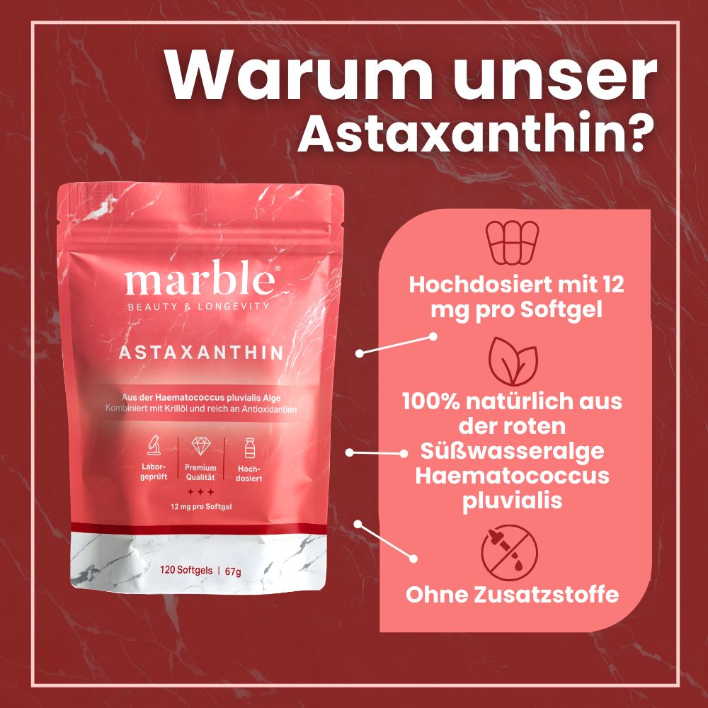 Rote Softgel-Kapseln in einer roten Verpackung. Text: marble Astaxanthin, 12 mg pro Softgel, 120 Softgels, 67g. Zusatzinformationen.