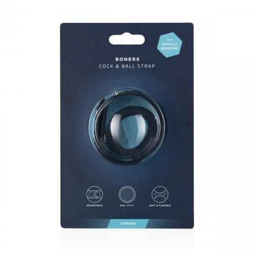 Verpackung mit Produkt. Schwarzer Ring und Band. Aufschrift: BONERS COCK & BALL STRAP. Größe S/M. Symbole für verstellbar, 30-35 mm und weich & flexibel.