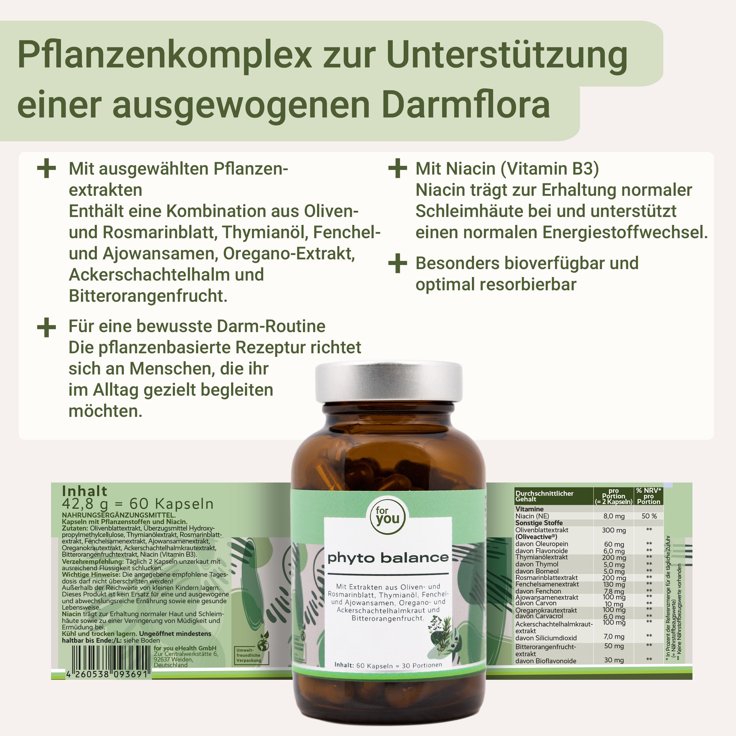 Nahaufnahme einer Flasche des Produkts mit detaillierten Informationen auf dem Etikett und einer Nährwerttabelle.