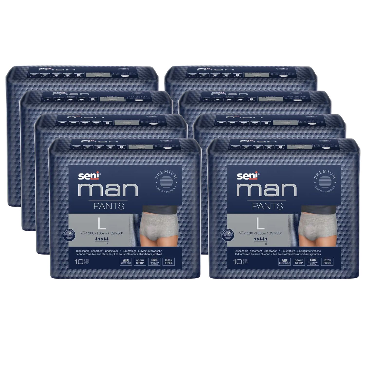 Mehrere Packungen Seni Man Pants L. Blaue Verpackung mit Produktabbildung und Größenangabe.