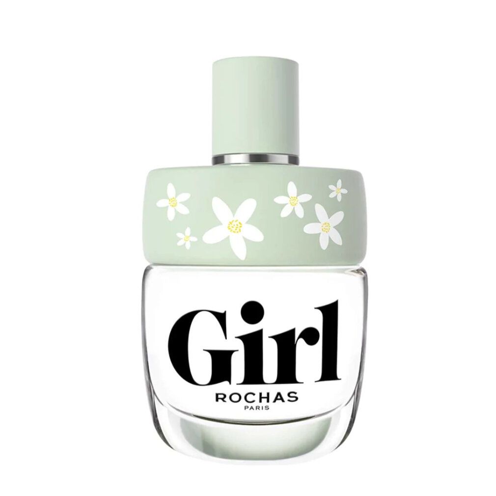 Parfümflakon mit weißem "Girl"-Schriftzug und floralem Design. Hellgrüner Verschluss. "ROCHAS PARIS" darunter.