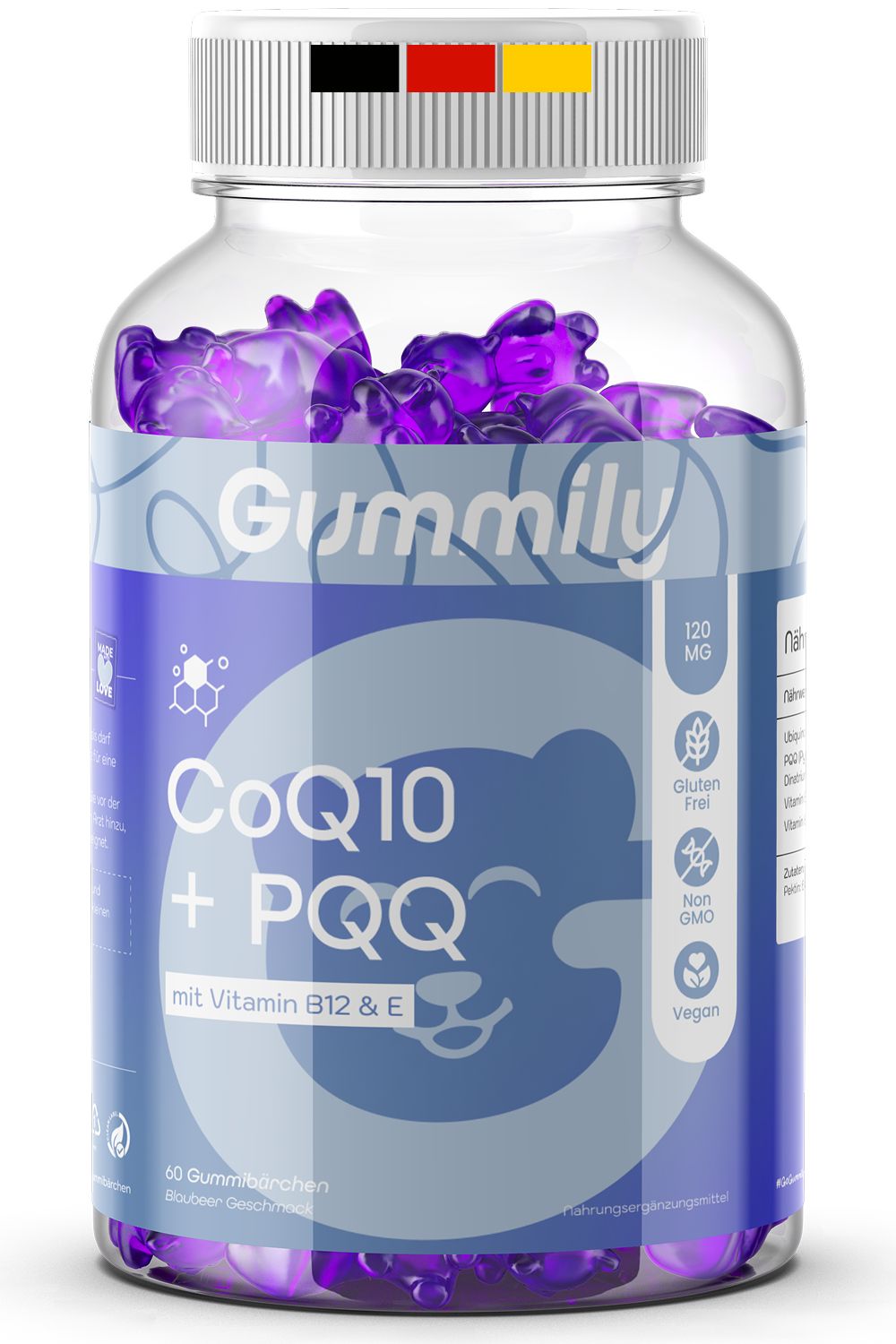 Gummily Coenzym Q10 + PQQ Gummibärchen Flasche mit deutscher Flagge auf dem Deckel.