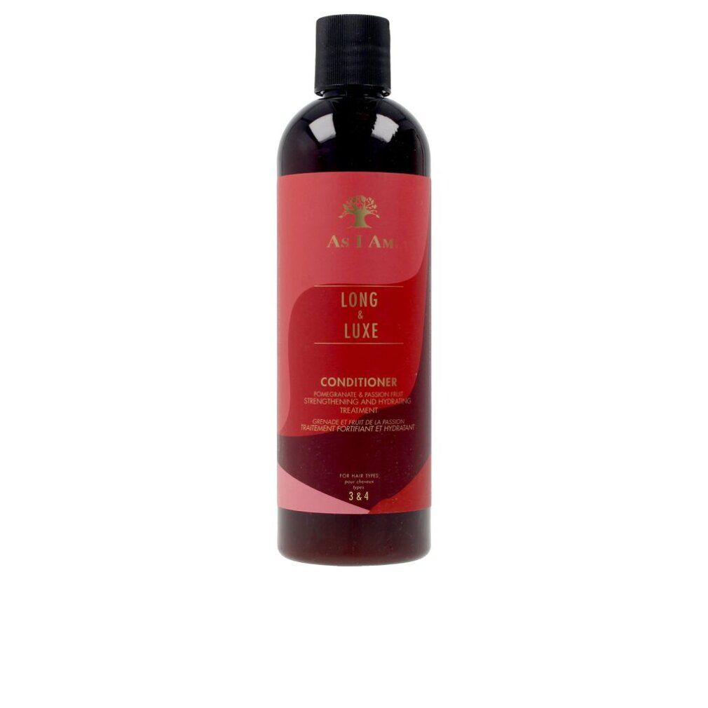 Flasche mit roter Etikette. Aufschrift: Long & Luxe Conditioner. Schwarzer Deckel. Produktname und Marke sichtbar.