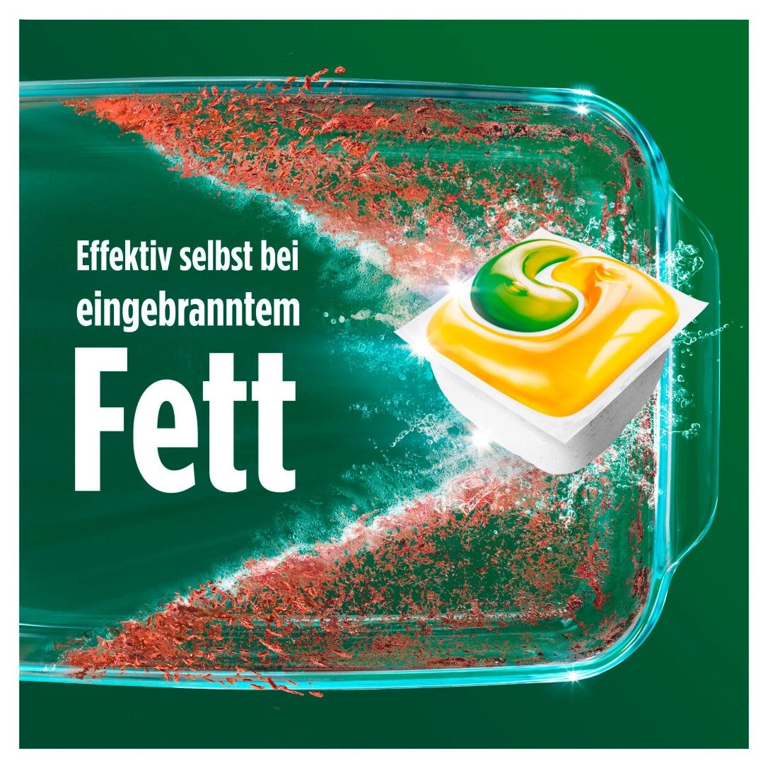 Fairy All-in-One Tab in Glasbehälter. Wirkt effektiv gegen eingebranntes Fett. Gelb-grüne Kapsel.