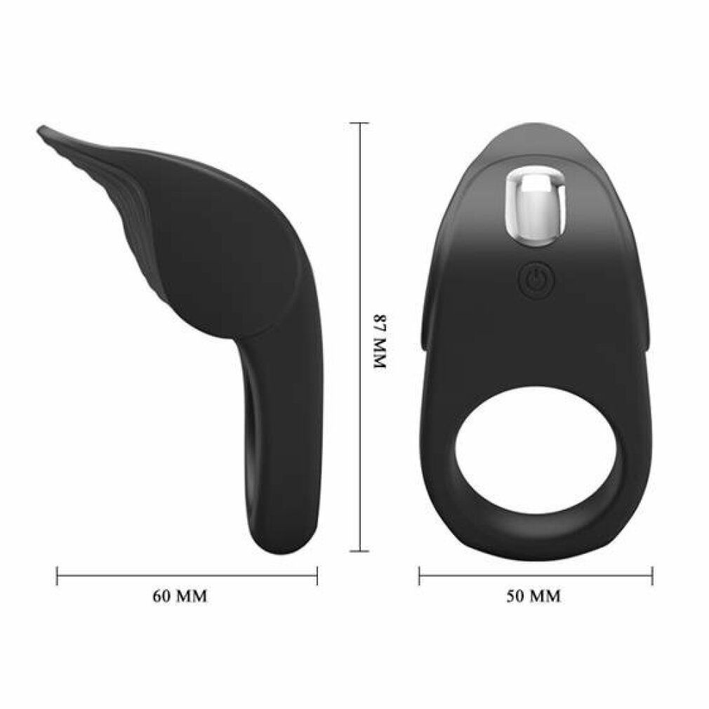 Schwarzer Penisring mit Maßen: 60 mm x 87 mm x 50 mm. Mit Vibrationsfunktion und einem Knopf.