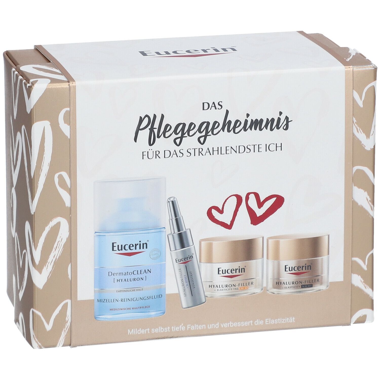 Eucerin Geschenkset mit Flasche, Serum und Cremes. Aufschrift: Das Pflegegeheimnis. Produkte auf cremefarbenem Hintergrund.