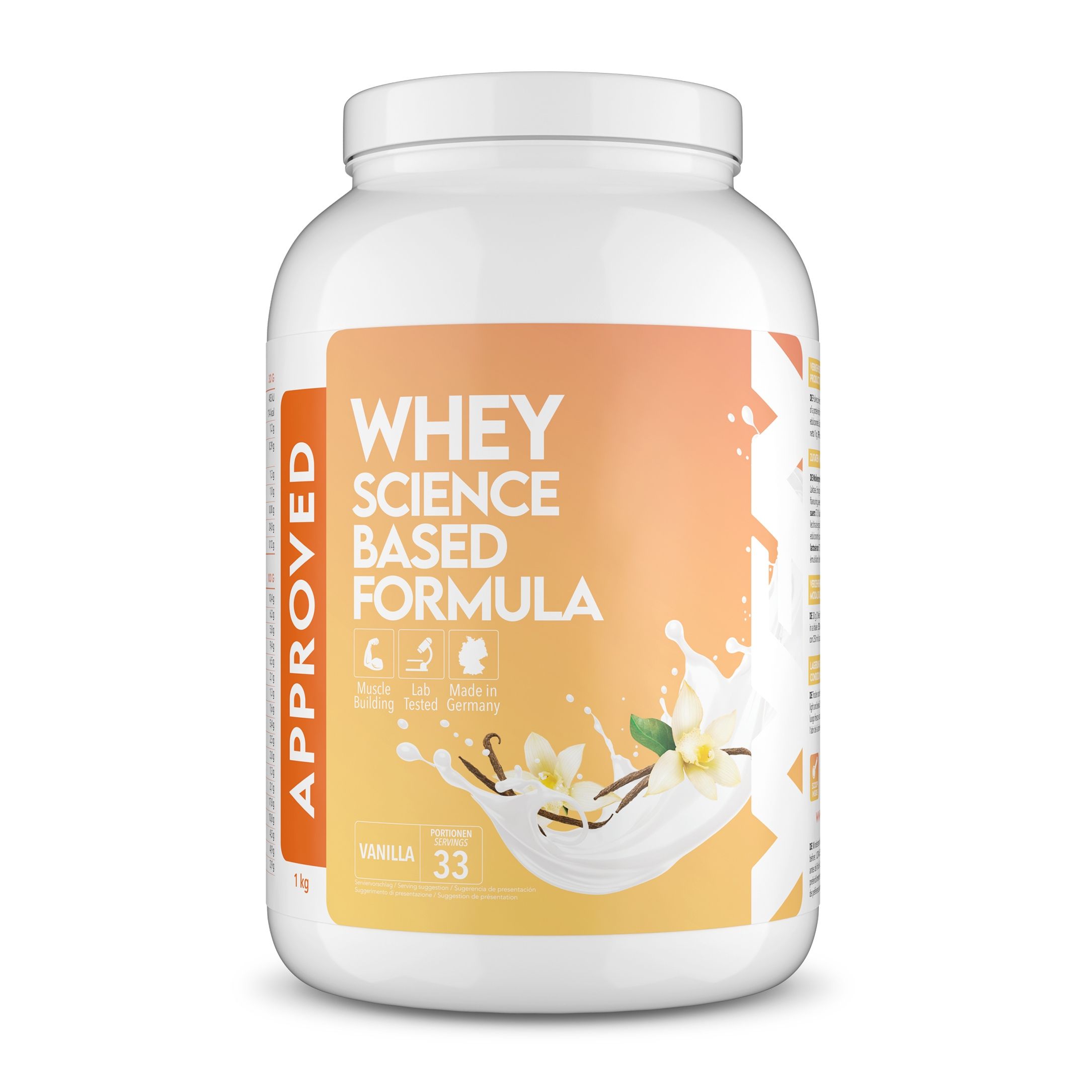 Whey-Proteinpulver-Dose. Aufschrift: APPROVED. WHEY SCIENCE BASED FORMULA. Vanille. 33 Portionen. Produktabbildung.