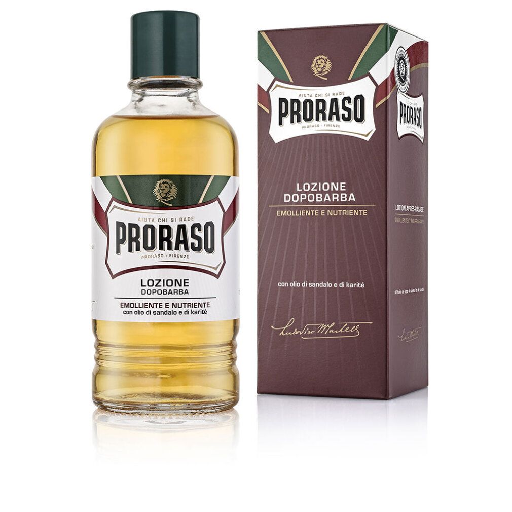 Proraso After Shave Flasche und Karton. Flasche mit grüner Kappe, Etikett mit Logo. Karton braun mit Logo und Text.